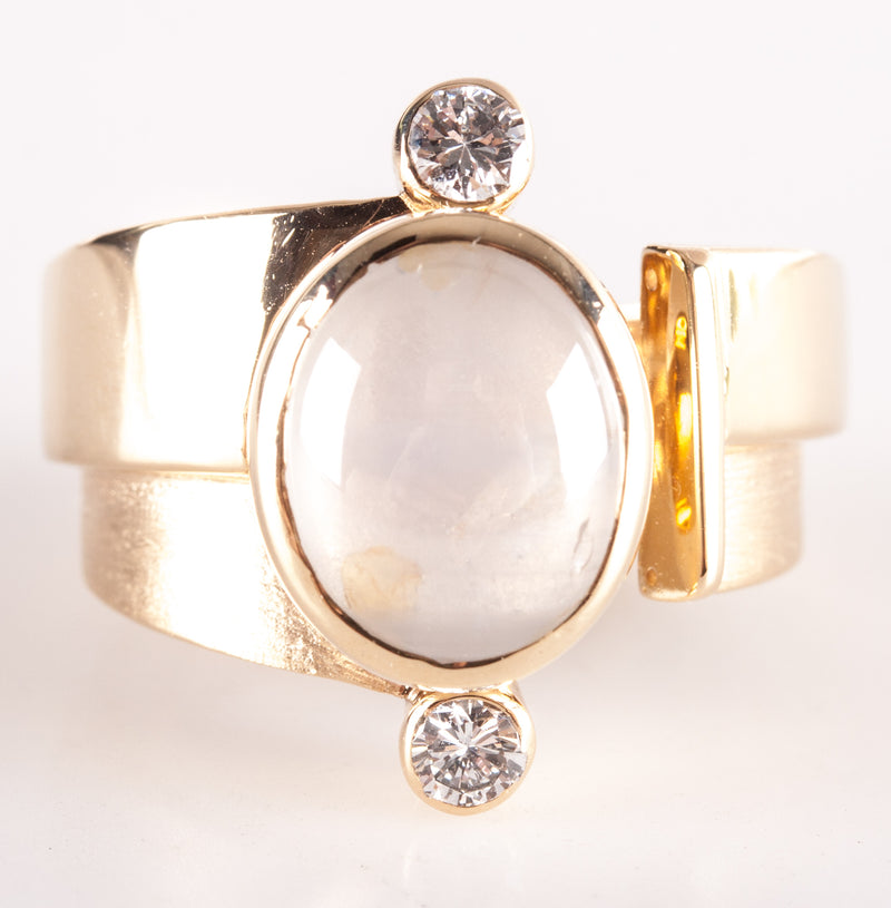 17k Yellow Gold Oval Cabochon Moonstone Diamond Cocktail Ring 4.14ctw 15.05g