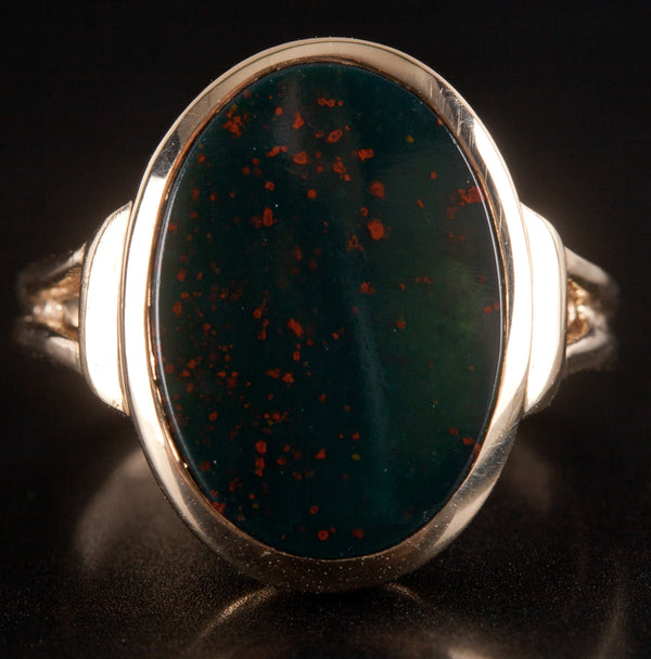 14k Yellow Gold Oval Inlay Bloodstone Solitaire Cocktail Ring 3.82g