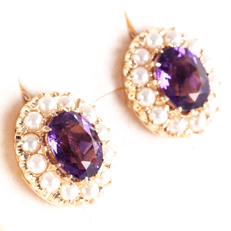 Vintage 1940's 14k Yellow Gold Oval Amethyst Pearl Halo Clip Earrings 4.6ctw