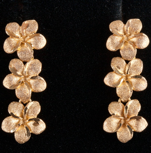 14k Yellow Gold Plumeria Flower Style Dangle Earrings W/ Butterfly Backs 2.10g