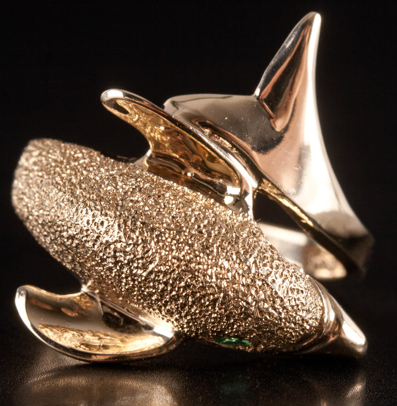 14k Yellow Gold Round Emerald Dolphin Style Ring .12ctw 4.38g