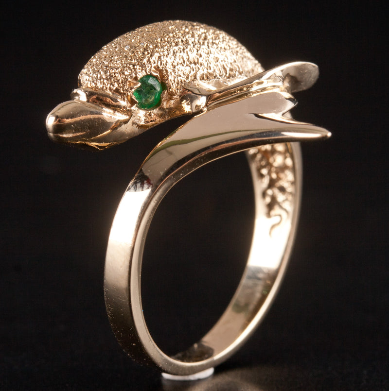 14k Yellow Gold Round Emerald Dolphin Style Ring .12ctw 4.38g