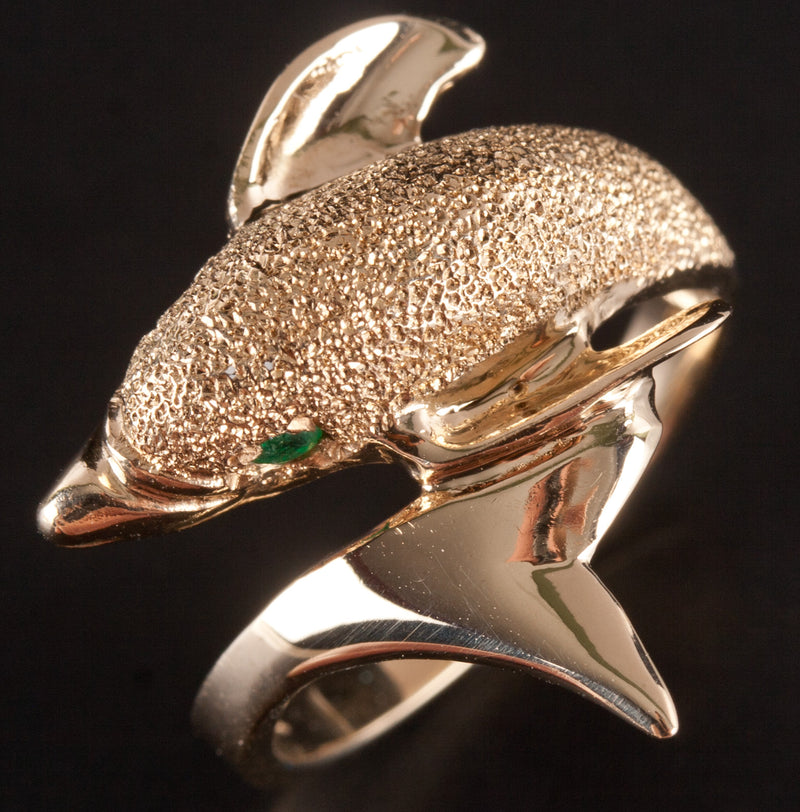 14k Yellow Gold Round Emerald Dolphin Style Ring .12ctw 4.38g