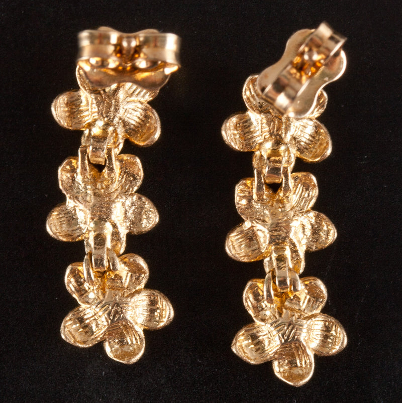 14k Yellow Gold Plumeria Flower Style Dangle Earrings W/ Butterfly Backs 2.10g