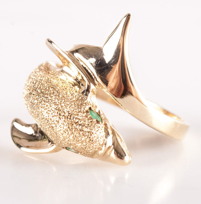 14k Yellow Gold Round Emerald Dolphin Style Ring .12ctw 4.38g