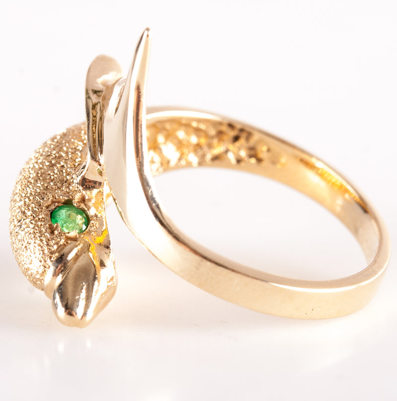 14k Yellow Gold Round Emerald Dolphin Style Ring .12ctw 4.38g