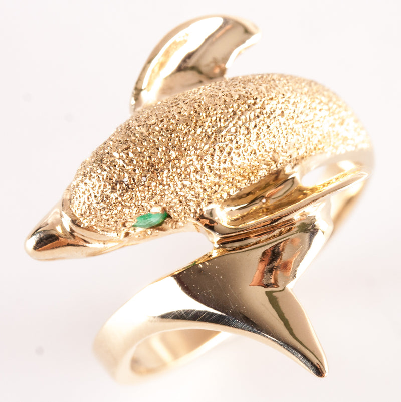 14k Yellow Gold Round Emerald Dolphin Style Ring .12ctw 4.38g