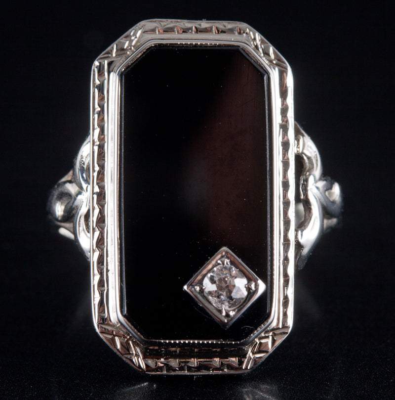 Vintage 1920's 18k White Gold Onyx Diamond Cocktail Style Ring .09ctw 3.95g