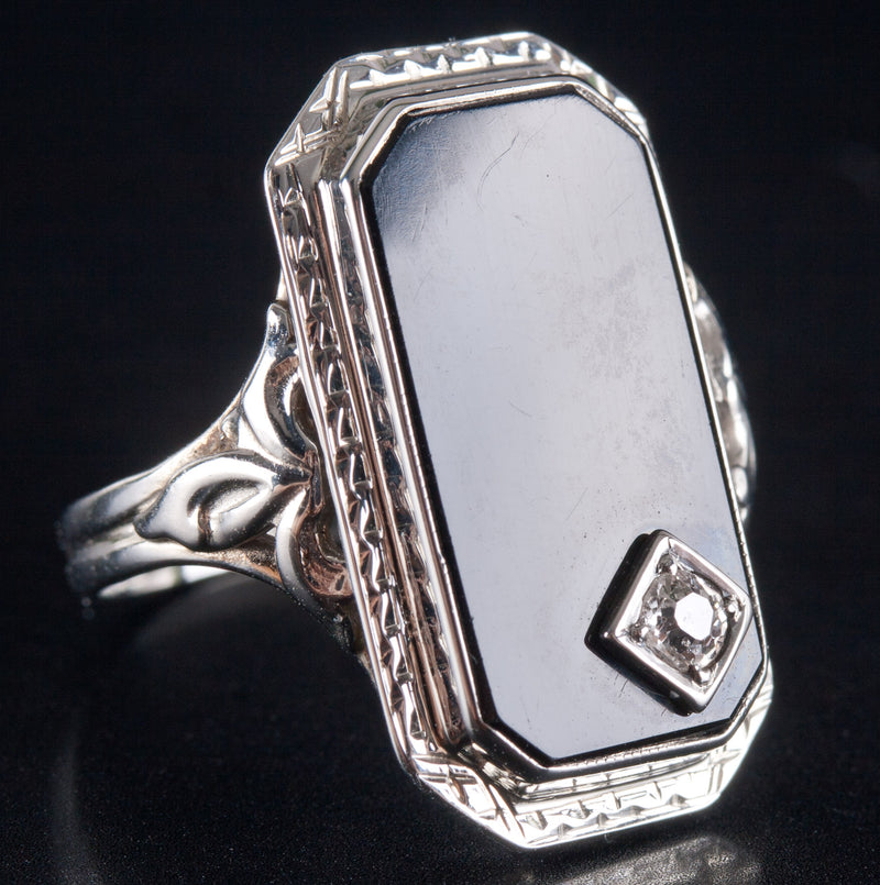Vintage 1920's 18k White Gold Onyx Diamond Cocktail Style Ring .09ctw 3.95g