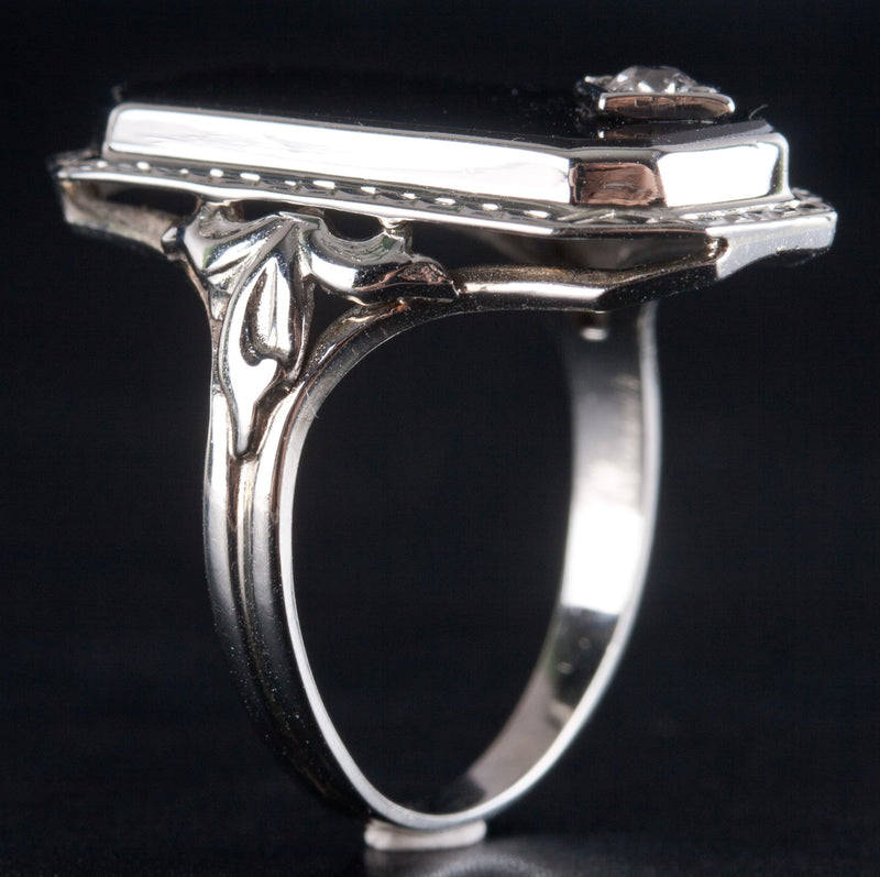 Vintage 1920's 18k White Gold Onyx Diamond Cocktail Style Ring .09ctw 3.95g