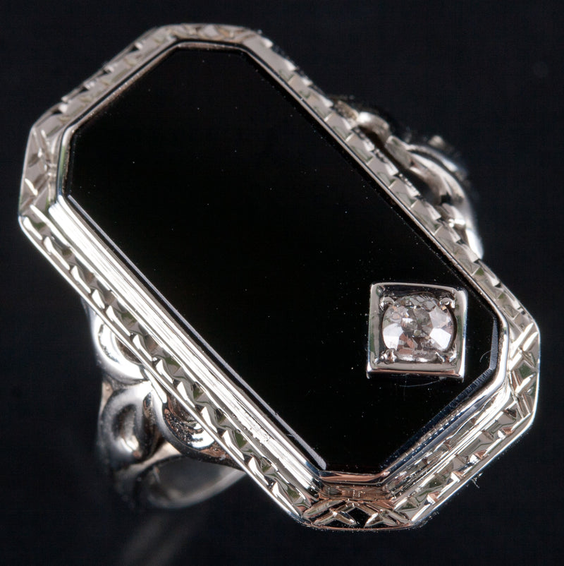 Vintage 1920's 18k White Gold Onyx Diamond Cocktail Style Ring .09ctw 3.95g