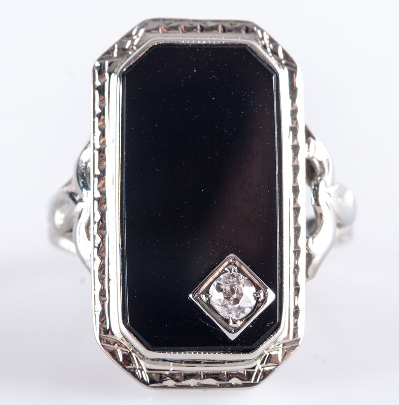 Vintage 1920's 18k White Gold Onyx Diamond Cocktail Style Ring .09ctw 3.95g