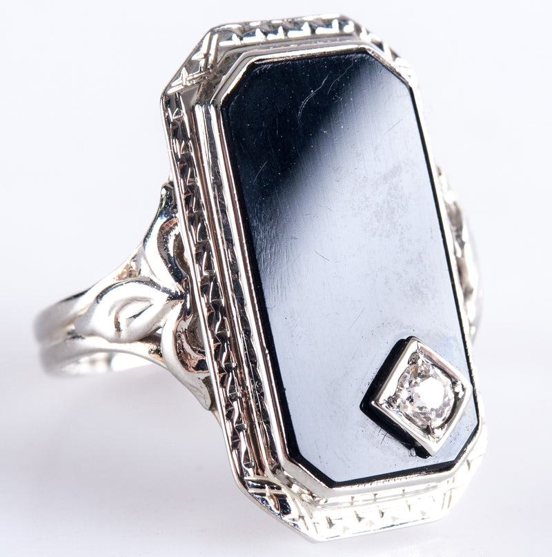 Vintage 1920's 18k White Gold Onyx Diamond Cocktail Style Ring .09ctw 3.95g