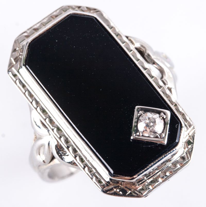 Vintage 1920's 18k White Gold Onyx Diamond Cocktail Style Ring .09ctw 3.95g