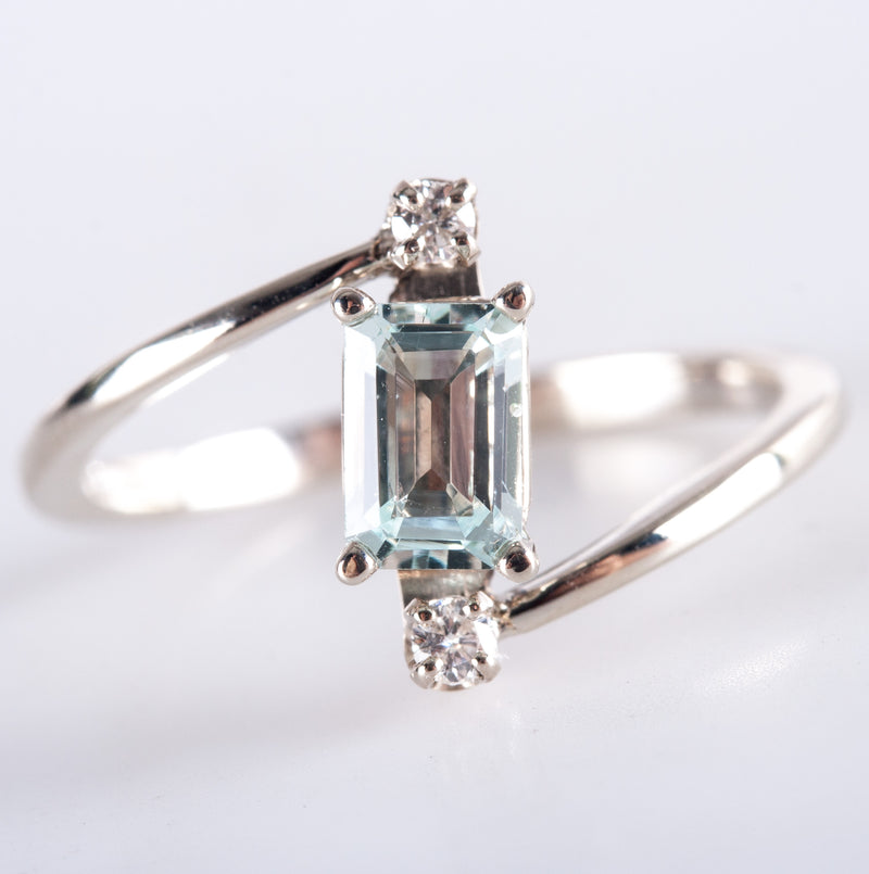 14k White Gold Aquamarine Solitaire Ring W/ Diamond Accents .54ctw 1.95g