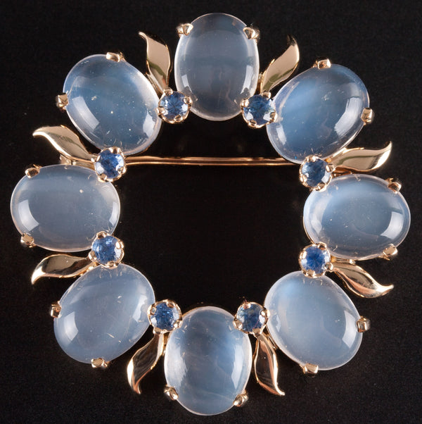 14k Yellow Gold Oval Cabochon Moonstone Sapphire Brooch Pin 12.48ctw 8.68g