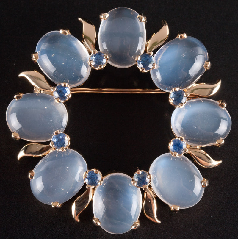 14k Yellow Gold Oval Cabochon Moonstone Sapphire Brooch Pin 12.48ctw 8.68g