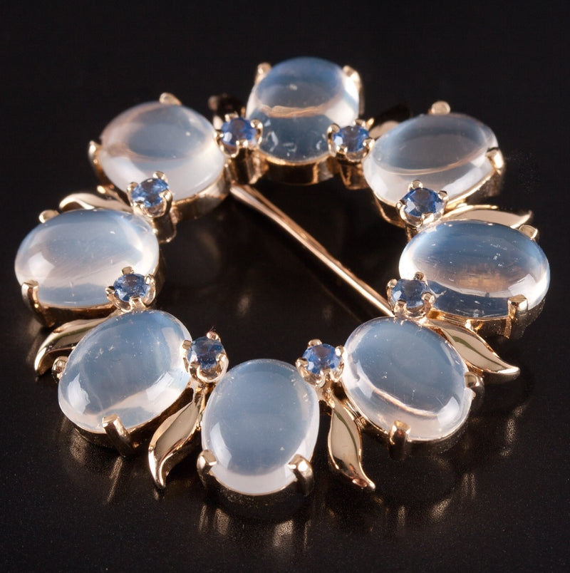 14k Yellow Gold Oval Cabochon Moonstone Sapphire Brooch Pin 12.48ctw 8.68g