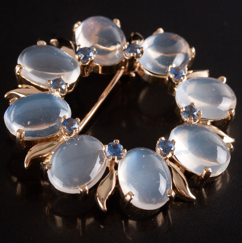 14k Yellow Gold Oval Cabochon Moonstone Sapphire Brooch Pin 12.48ctw 8.68g