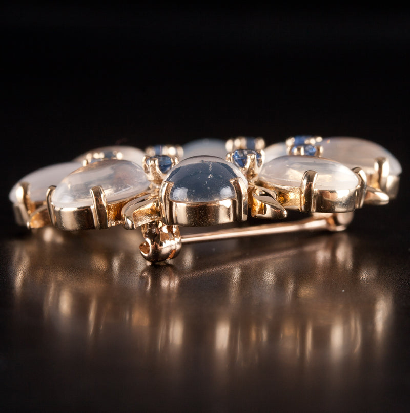 14k Yellow Gold Oval Cabochon Moonstone Sapphire Brooch Pin 12.48ctw 8.68g