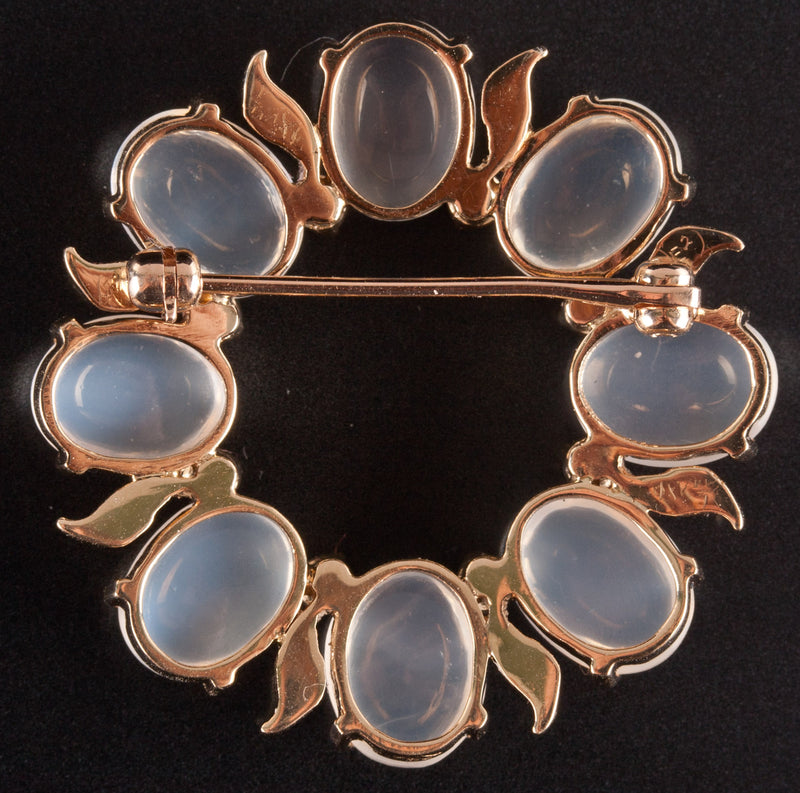 14k Yellow Gold Oval Cabochon Moonstone Sapphire Brooch Pin 12.48ctw 8.68g