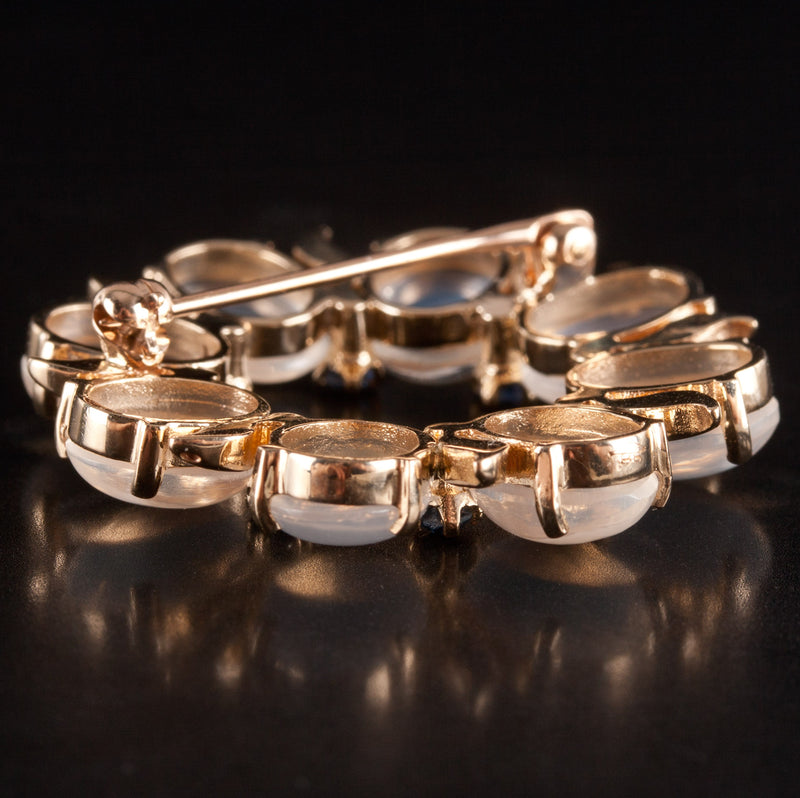 14k Yellow Gold Oval Cabochon Moonstone Sapphire Brooch Pin 12.48ctw 8.68g