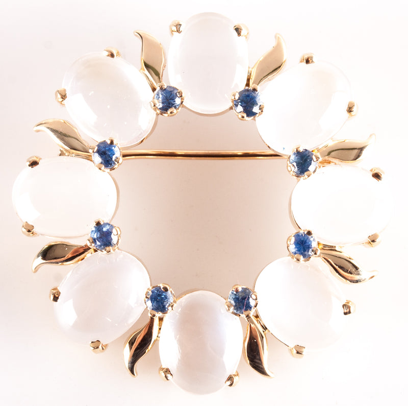 14k Yellow Gold Oval Cabochon Moonstone Sapphire Brooch Pin 12.48ctw 8.68g