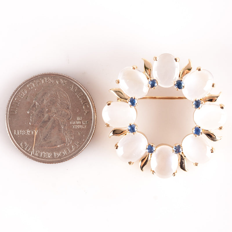 14k Yellow Gold Oval Cabochon Moonstone Sapphire Brooch Pin 12.48ctw 8.68g