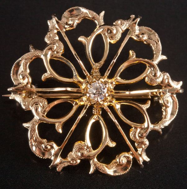 10k Yellow Gold Old Mine Round H SI1 Diamond Floral Style Brooch .06ctw 2.84g