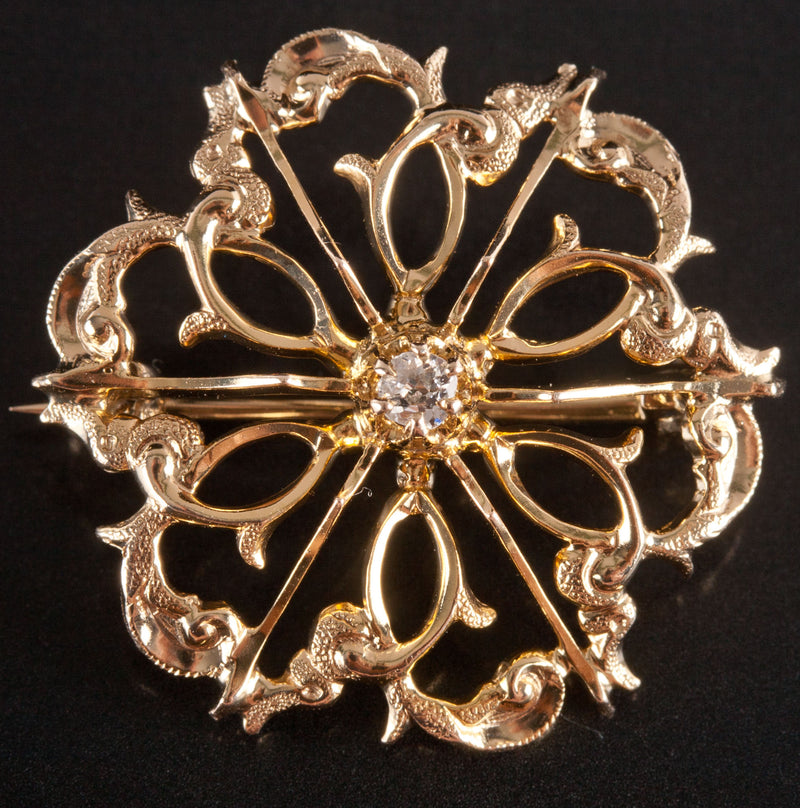 10k Yellow Gold Old Mine Round H SI1 Diamond Floral Style Brooch .06ctw 2.84g