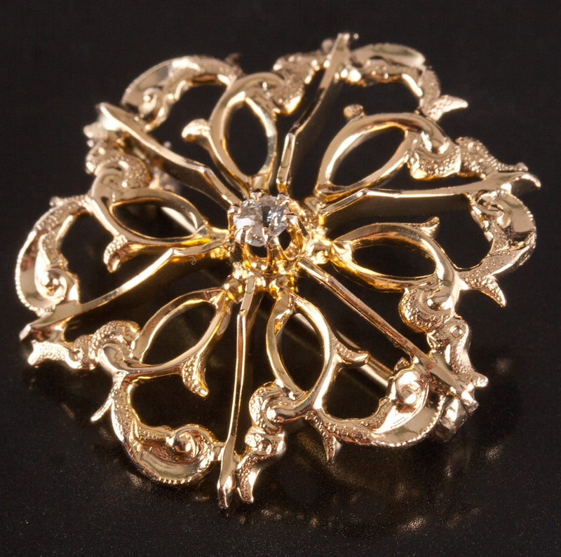 10k Yellow Gold Old Mine Round H SI1 Diamond Floral Style Brooch .06ctw 2.84g