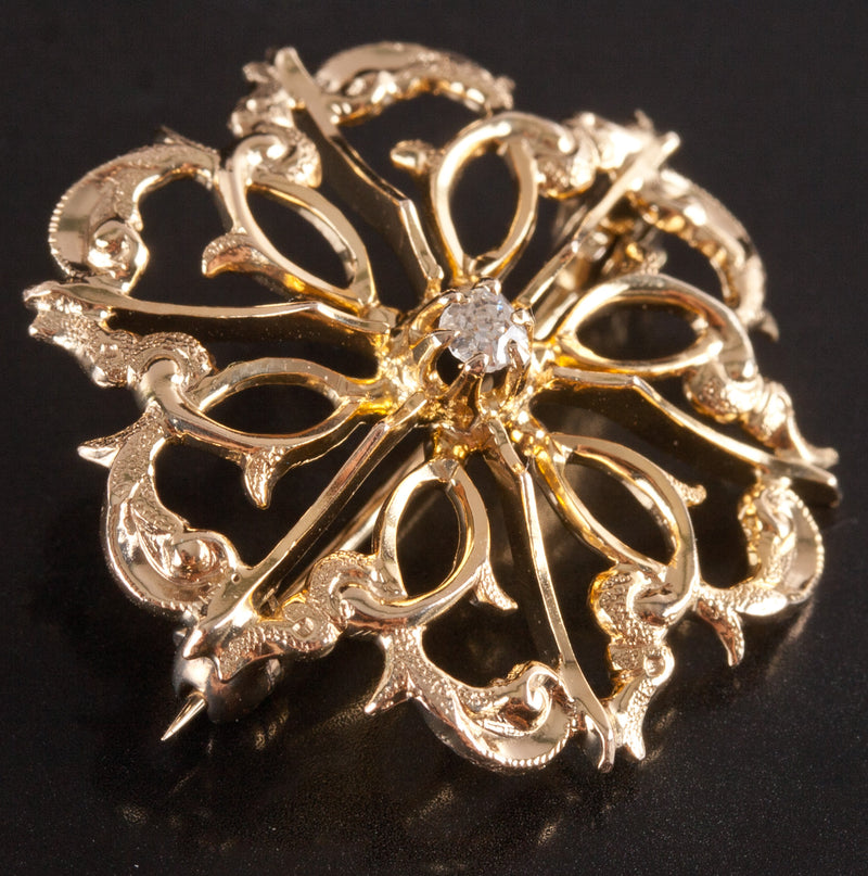 10k Yellow Gold Old Mine Round H SI1 Diamond Floral Style Brooch .06ctw 2.84g