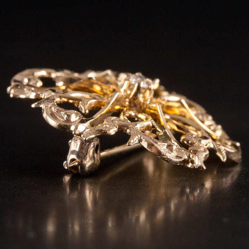 10k Yellow Gold Old Mine Round H SI1 Diamond Floral Style Brooch .06ctw 2.84g