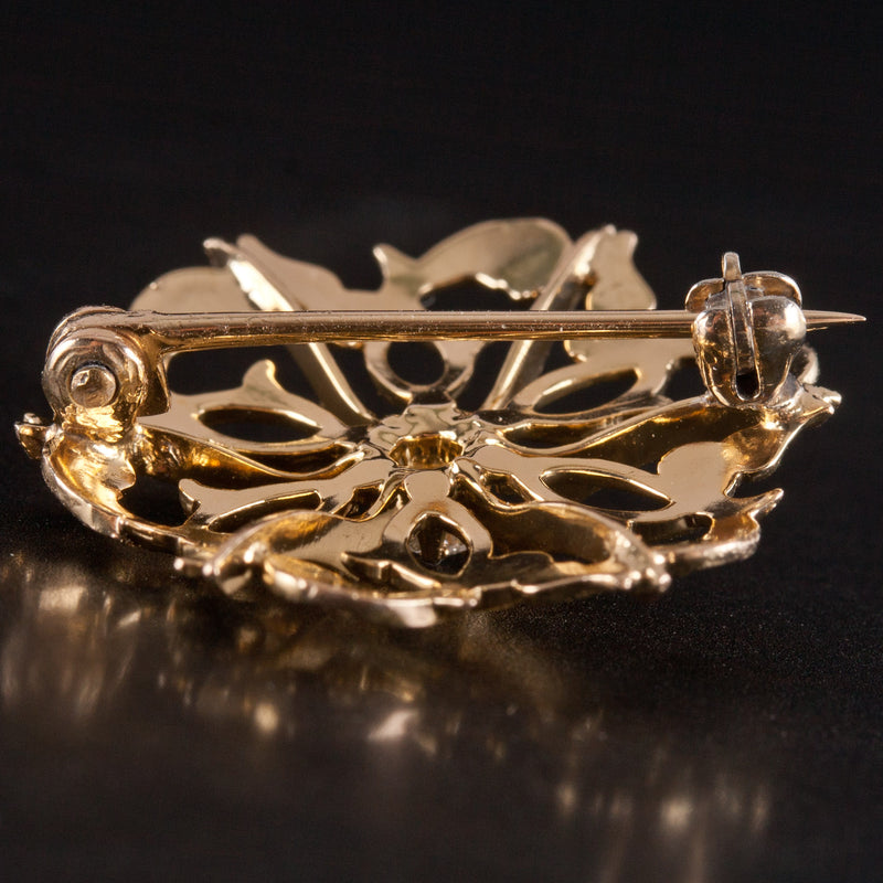 10k Yellow Gold Old Mine Round H SI1 Diamond Floral Style Brooch .06ctw 2.84g