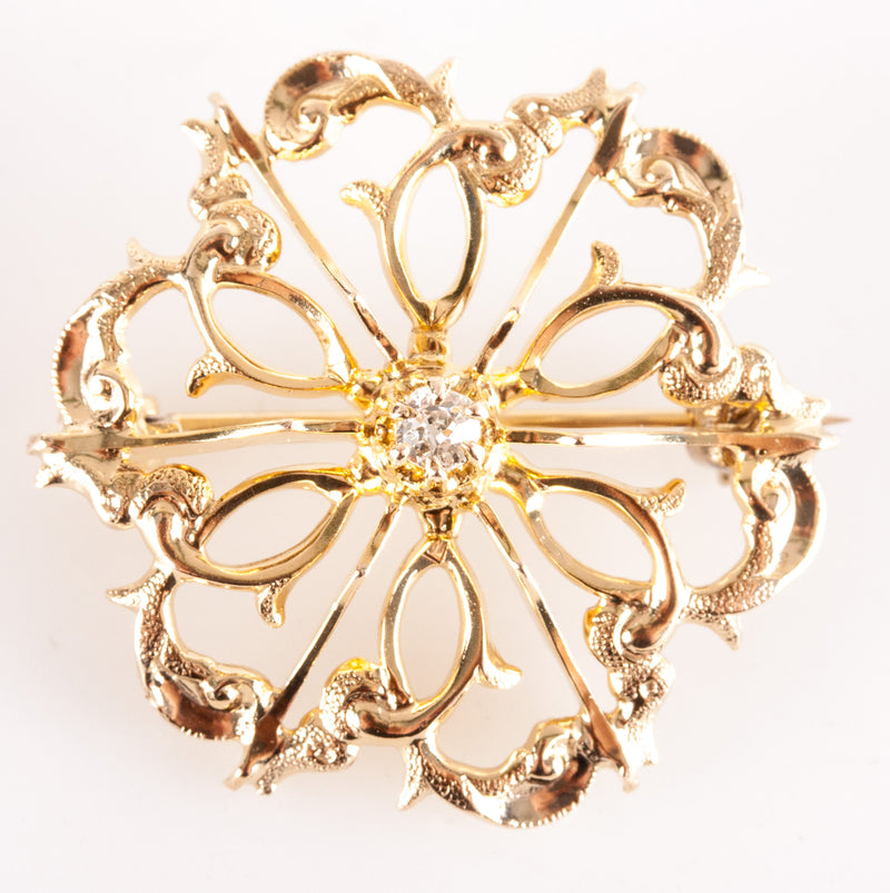 10k Yellow Gold Old Mine Round H SI1 Diamond Floral Style Brooch .06ctw 2.84g