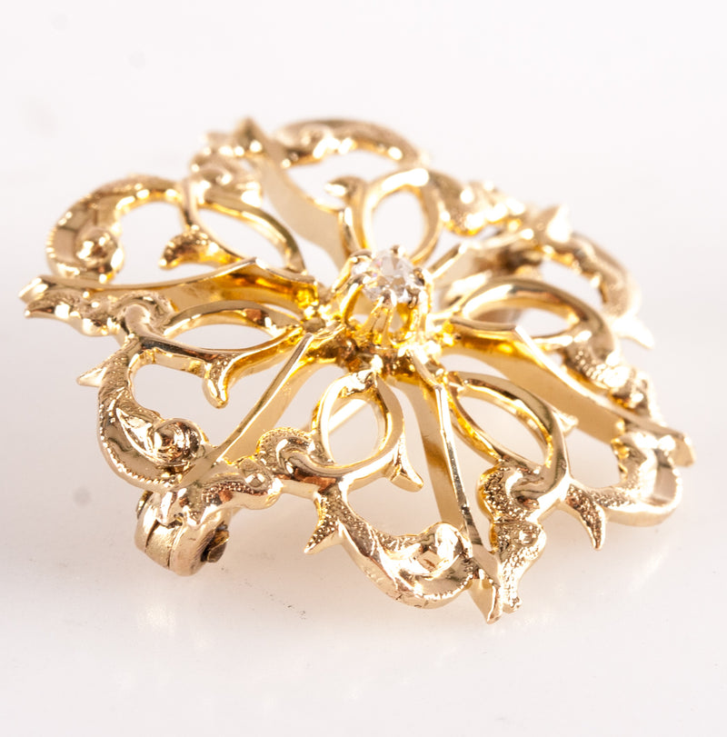 10k Yellow Gold Old Mine Round H SI1 Diamond Floral Style Brooch .06ctw 2.84g