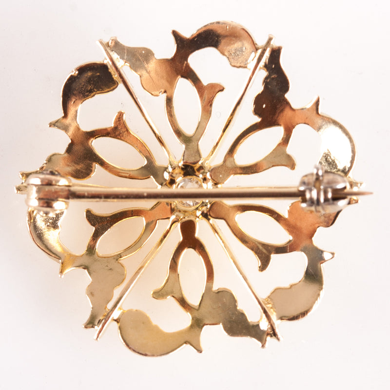 10k Yellow Gold Old Mine Round H SI1 Diamond Floral Style Brooch .06ctw 2.84g