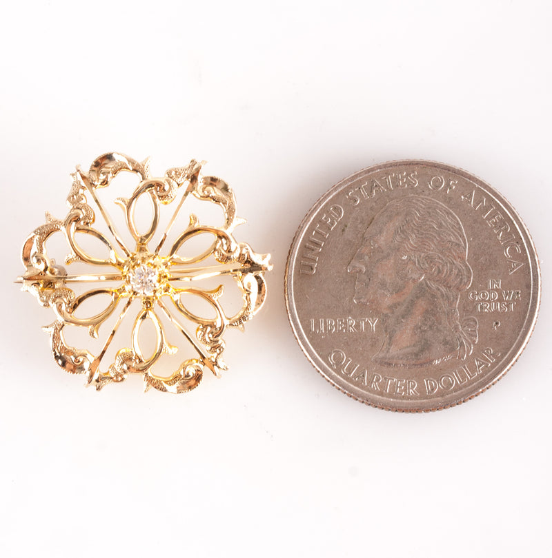 10k Yellow Gold Old Mine Round H SI1 Diamond Floral Style Brooch .06ctw 2.84g