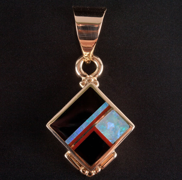 14k Yellow Gold Knifewing Segura Opal Onyx Coral Pendant 5.52g 36.4mm x 18.7mm