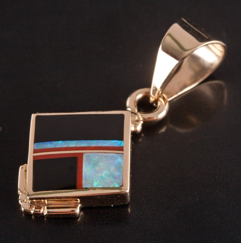 14k Yellow Gold Knifewing Segura Opal Onyx Coral Pendant 5.52g 36.4mm x 18.7mm