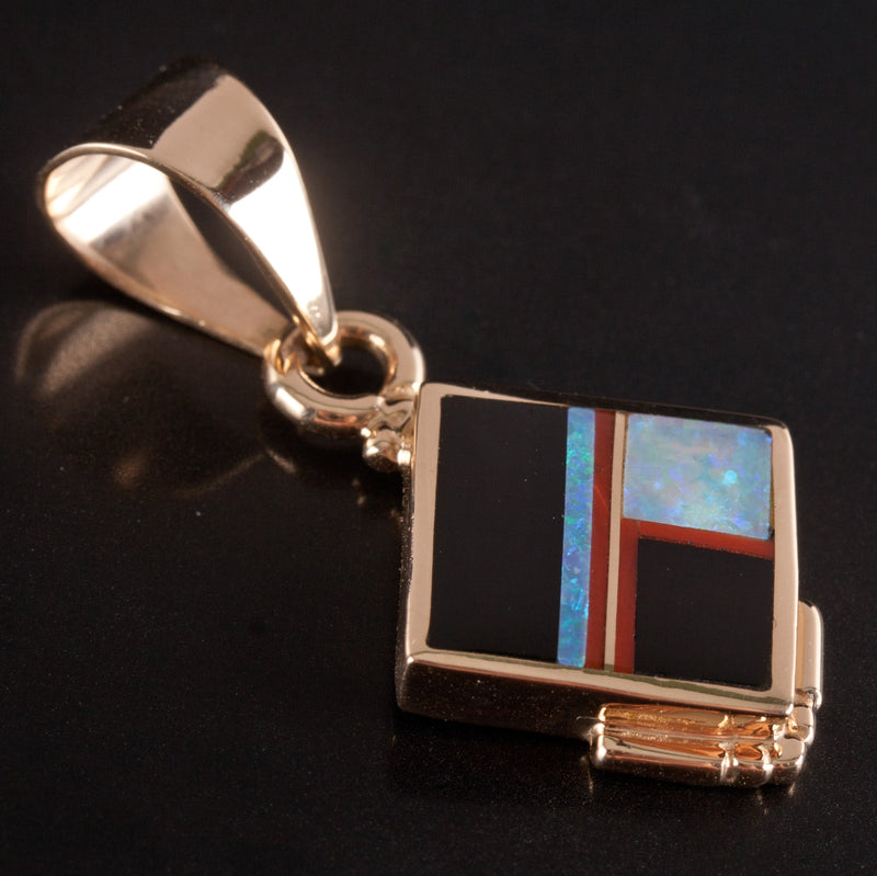 14k Yellow Gold Knifewing Segura Opal Onyx Coral Pendant 5.52g 36.4mm x 18.7mm