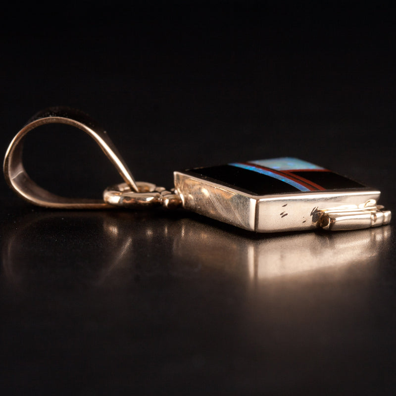 14k Yellow Gold Knifewing Segura Opal Onyx Coral Pendant 5.52g 36.4mm x 18.7mm