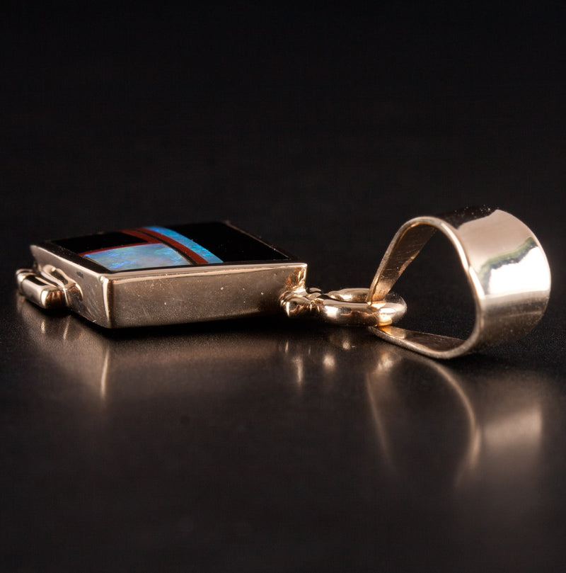 14k Yellow Gold Knifewing Segura Opal Onyx Coral Pendant 5.52g 36.4mm x 18.7mm