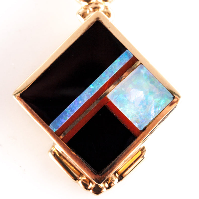 14k Yellow Gold Knifewing Segura Opal Onyx Coral Pendant 5.52g 36.4mm x 18.7mm