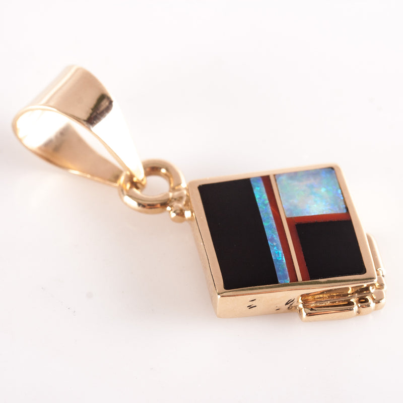 14k Yellow Gold Knifewing Segura Opal Onyx Coral Pendant 5.52g 36.4mm x 18.7mm