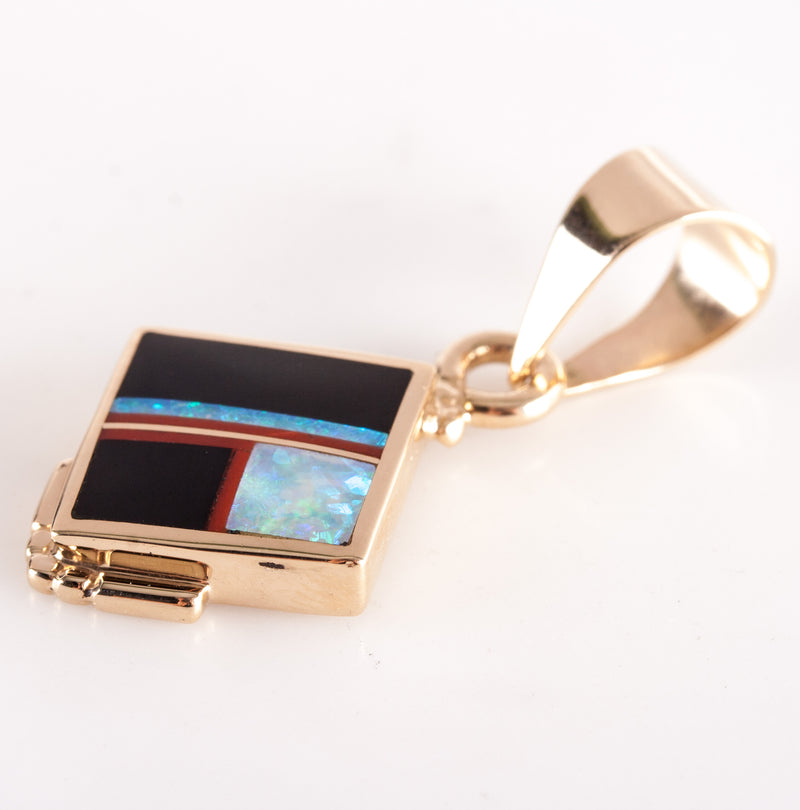 14k Yellow Gold Knifewing Segura Opal Onyx Coral Pendant 5.52g 36.4mm x 18.7mm