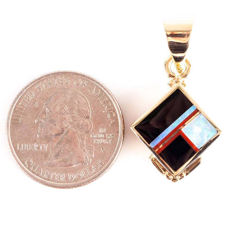 14k Yellow Gold Knifewing Segura Opal Onyx Coral Pendant 5.52g 36.4mm x 18.7mm