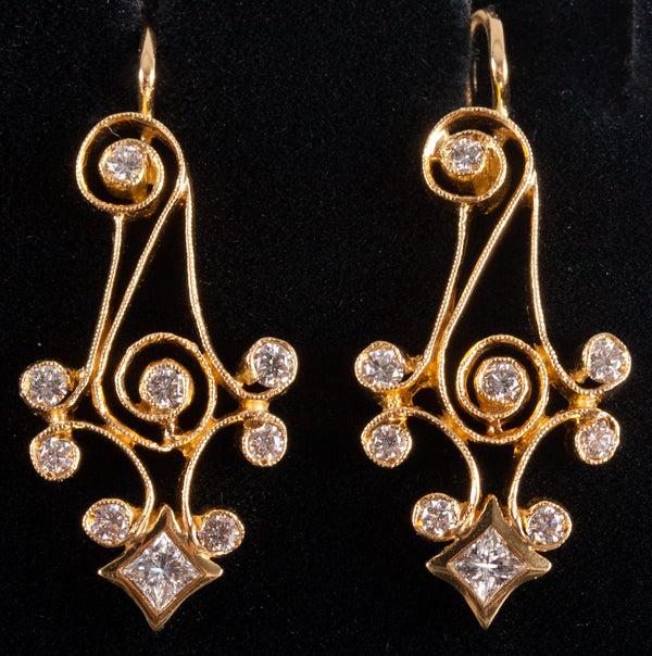 20k Yellow Gold Princess Round Diamond Milgrain Dangle Earrings .62ctw 6.08g