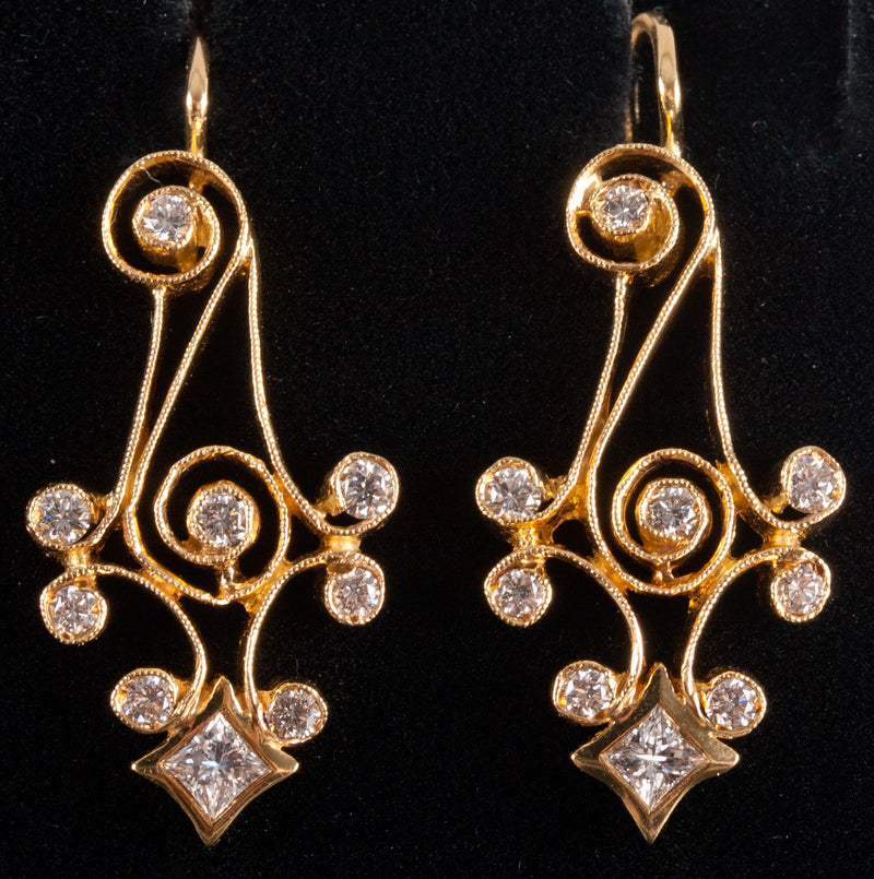 20k Yellow Gold Princess Round Diamond Milgrain Dangle Earrings .62ctw 6.08g