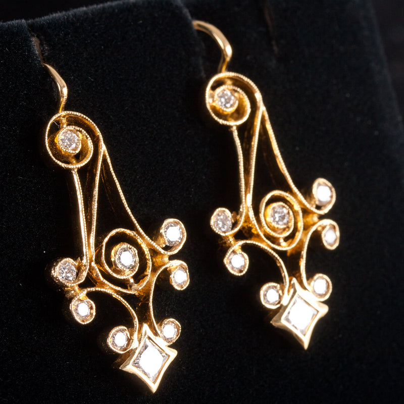 20k Yellow Gold Princess Round Diamond Milgrain Dangle Earrings .62ctw 6.08g